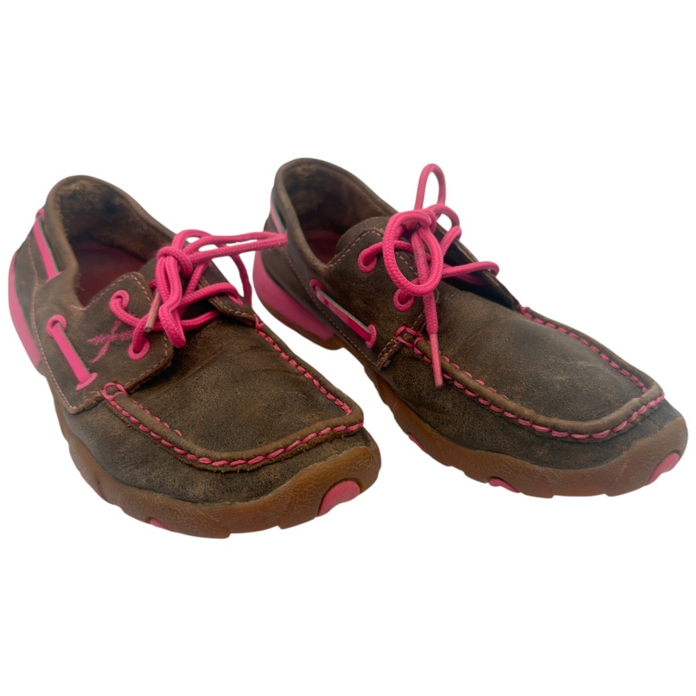 Twisted X WDM0018 Women's 6.5M Driving Mocs Brown Pink Breast Cancer Leather